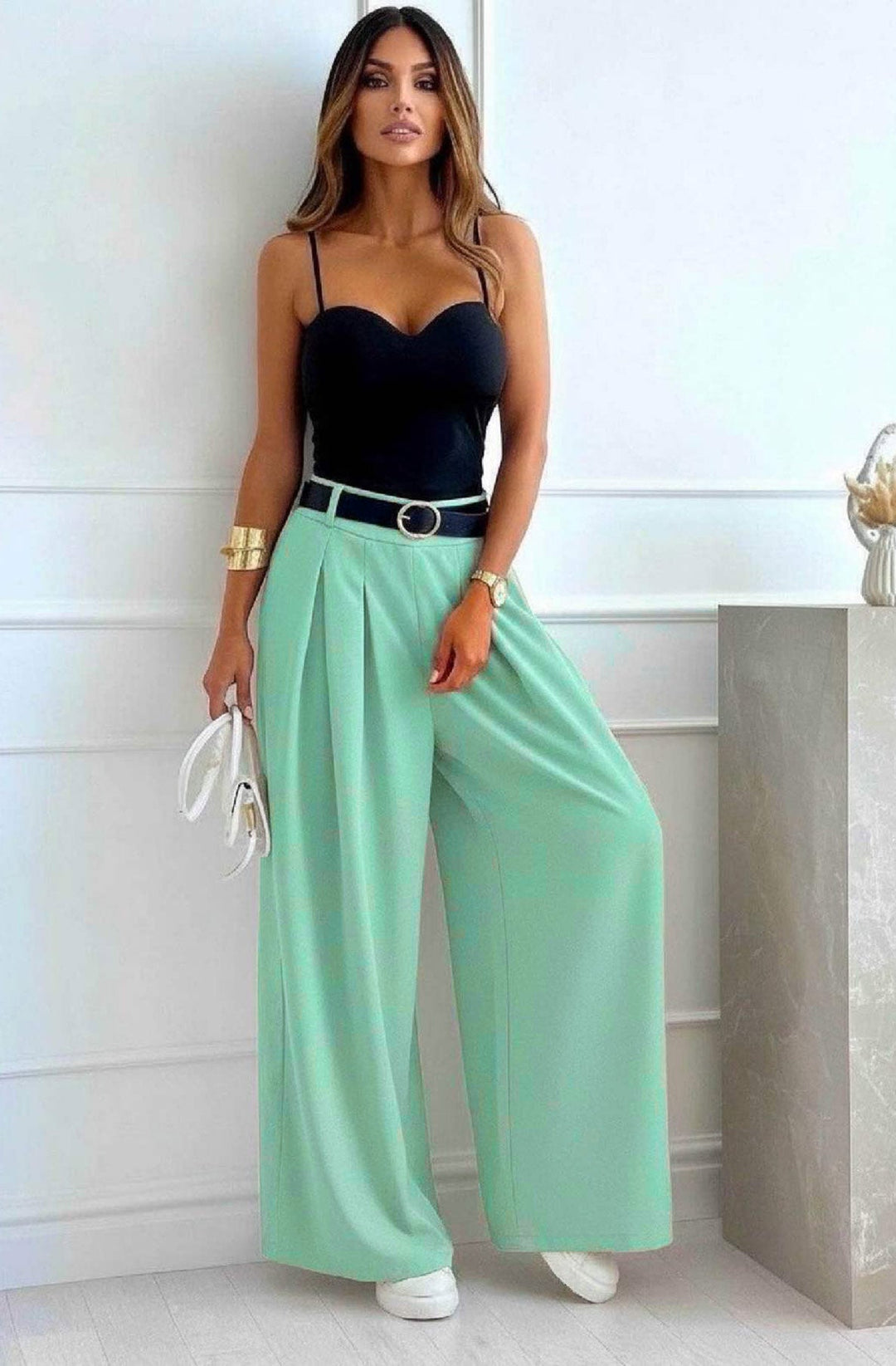 Alessia Palazzo Wide Leg Belted Trousers-Mint