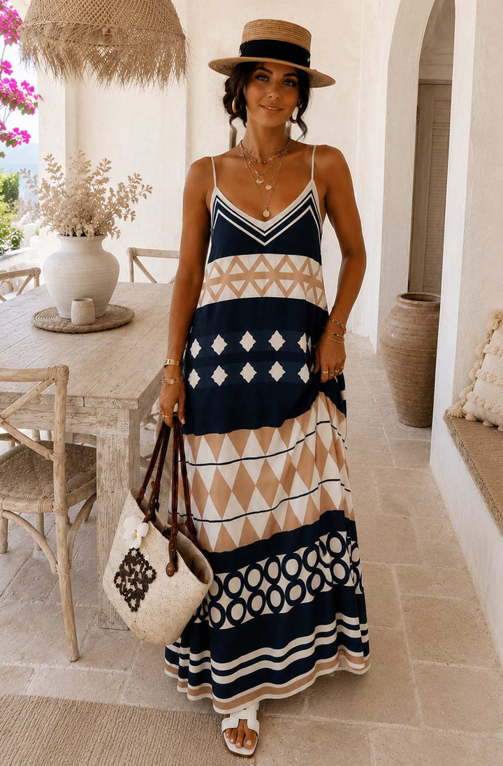 Alessia Geo Print Satin V-Neck Cami Maxi Dress-Navy