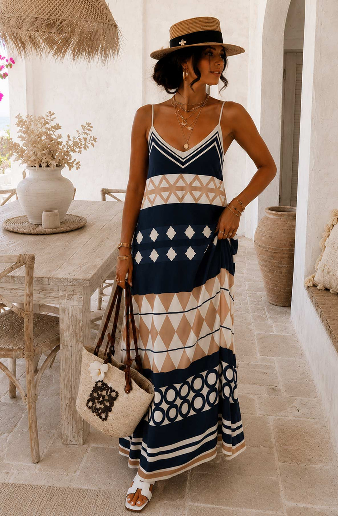 Alessia Geo Print Satin V-Neck Cami Maxi Dress-Navy