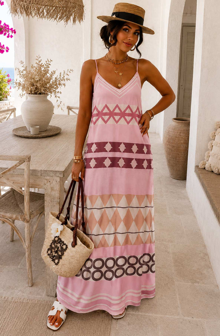 Alessia Geo Print Satin V-Neck Cami Maxi Dress-Pink