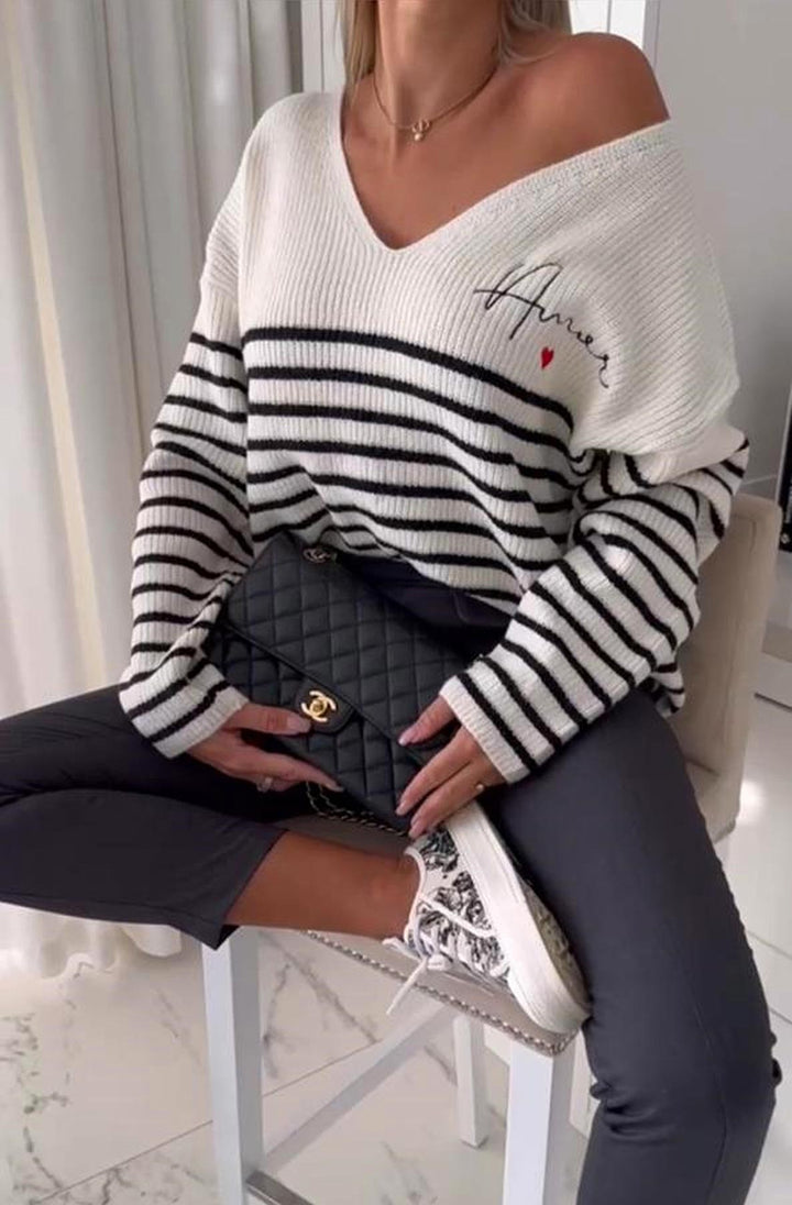 Alisa Striped 'AMOR' Knitted Jumper Sweater Top-Black