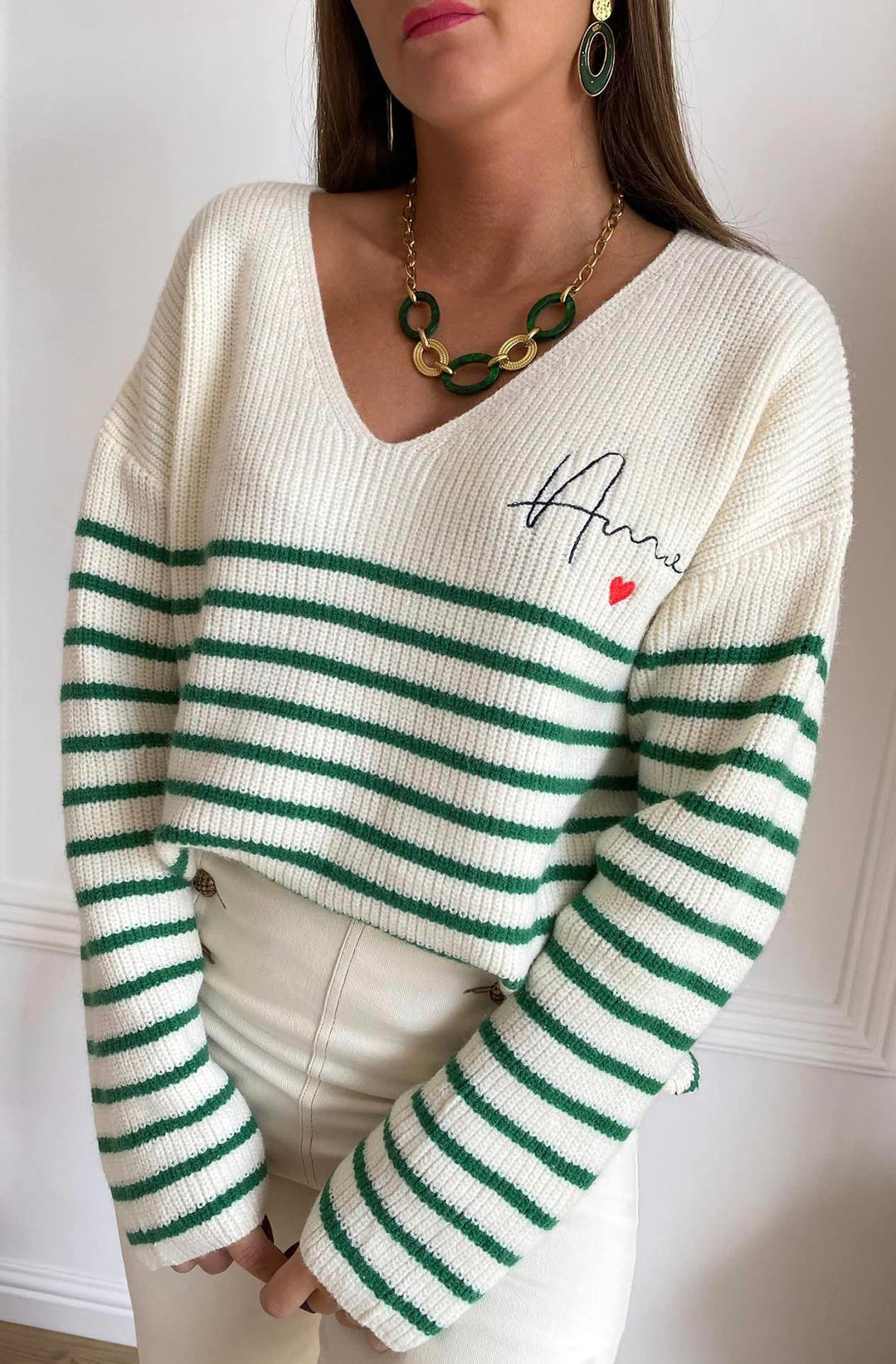 Alisa Striped 'AMOR' Knitted Jumper Sweater Top-Green