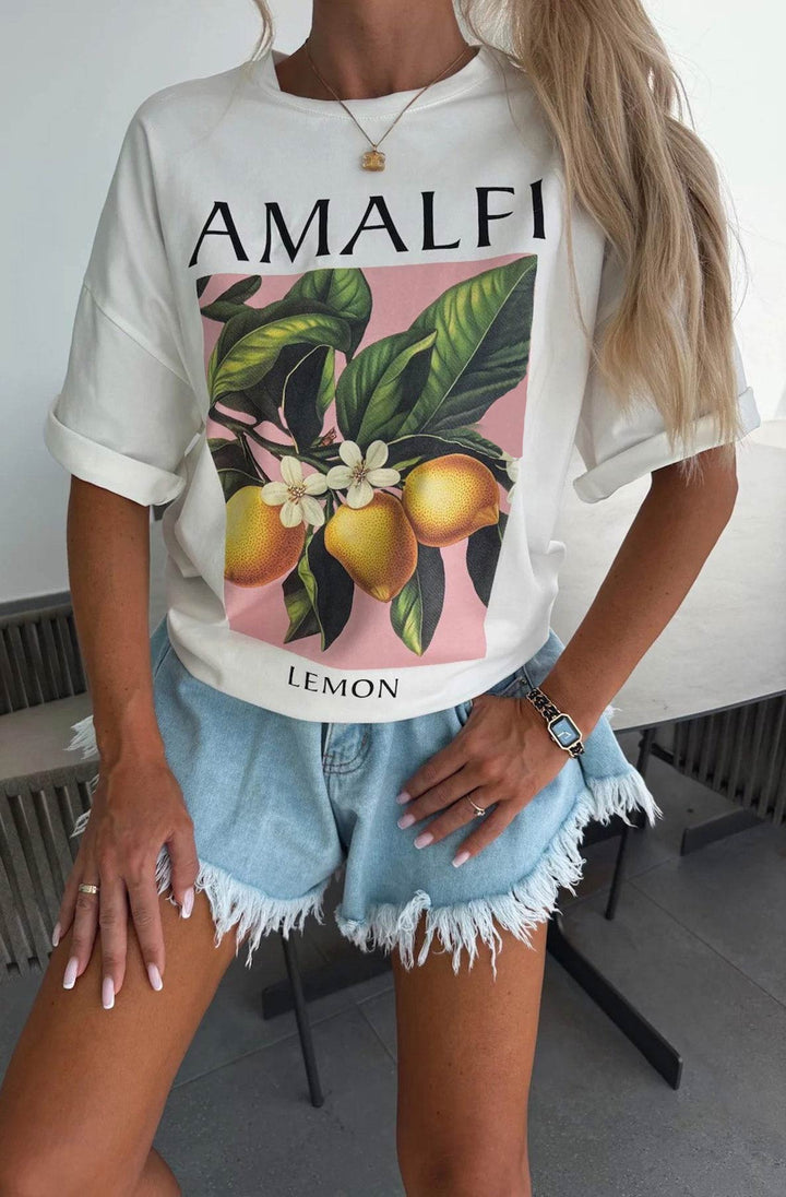 'Amalfi' Lemon Graphic Printed T-Shirt Top-Ivory