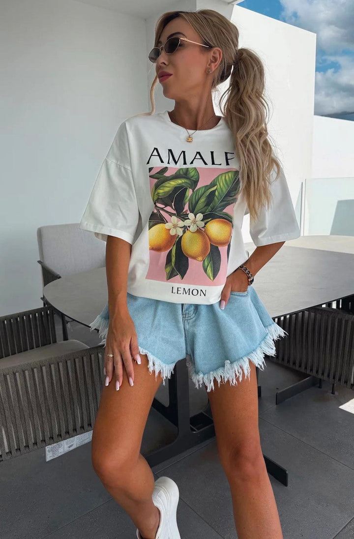 'Amalfi' Lemon Graphic Printed T-Shirt Top-Ivory