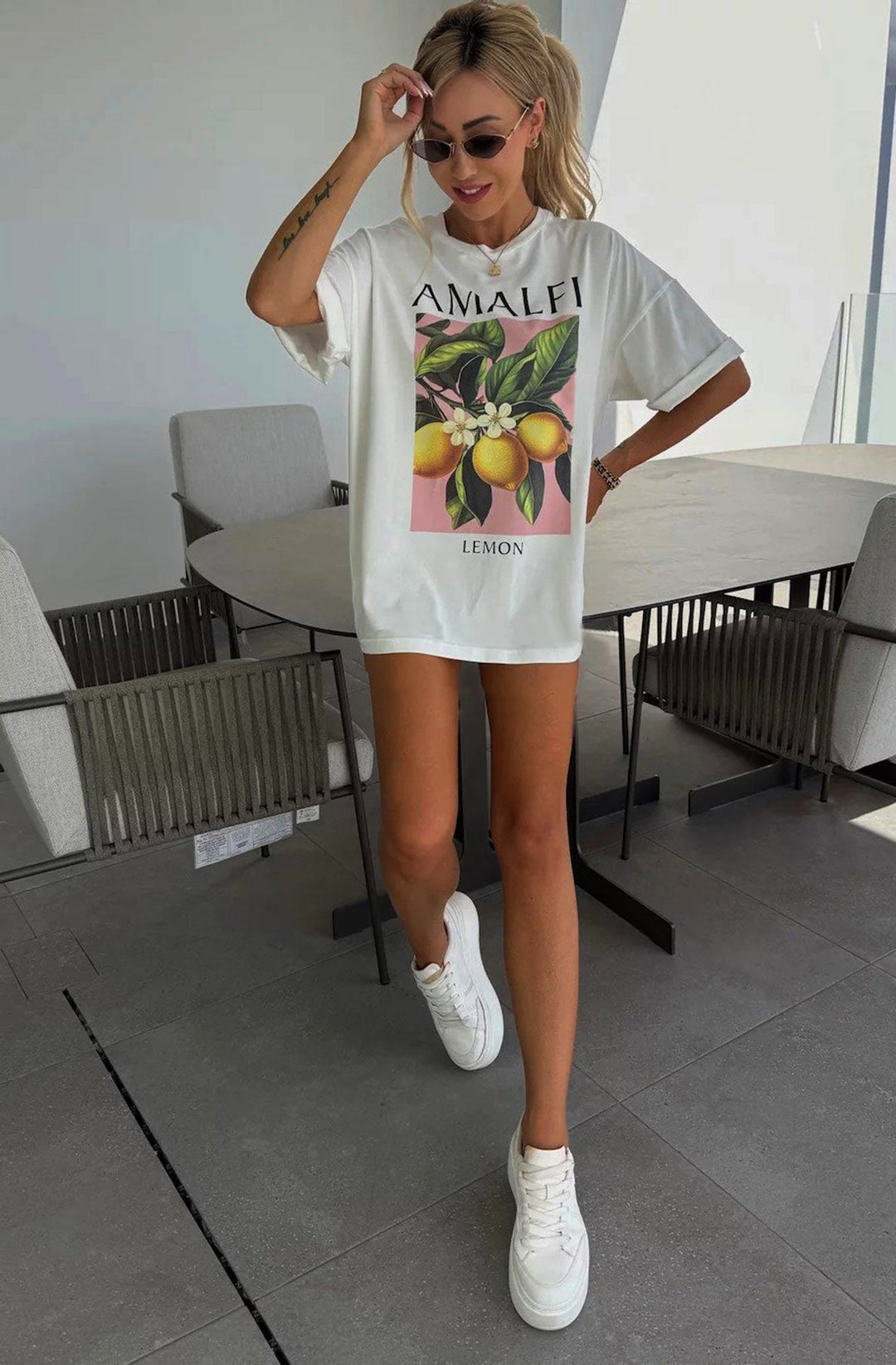 'Amalfi' Lemon Graphic Printed T-Shirt Top-Ivory