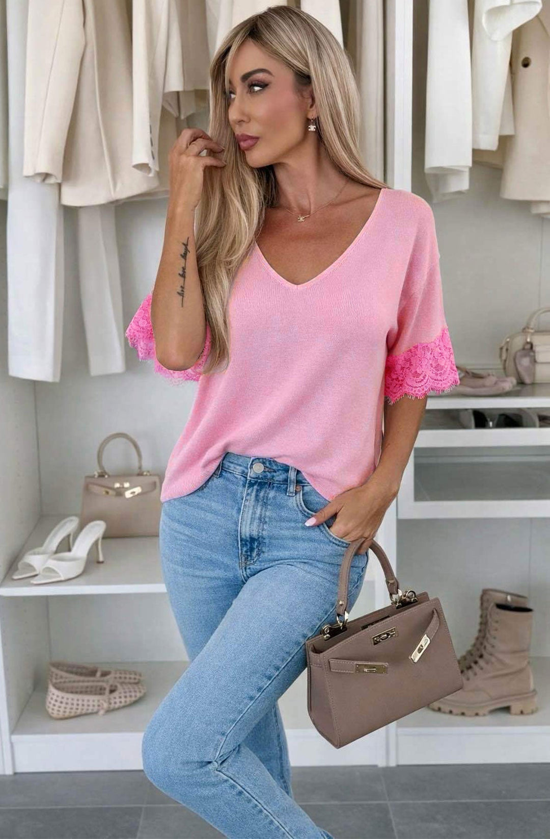 Amina Lightweight  V-Neck Lace Sleeve Knit Top-Baby Pink