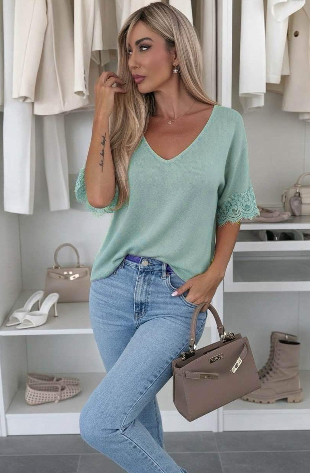 Amina Lightweight  V-Neck Lace Sleeve Knit Top-Sage