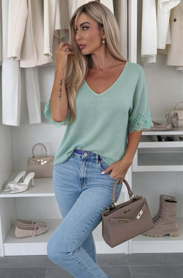 Amina Lightweight  V-Neck Lace Sleeve Knit Top-Sage
