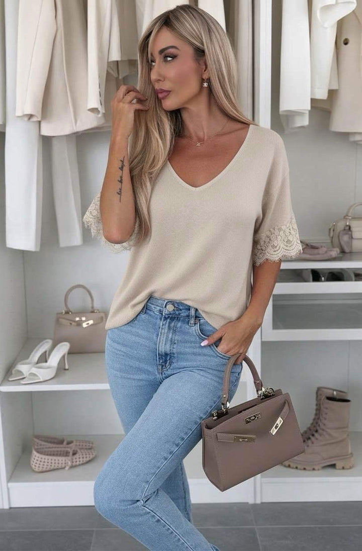Amina Lightweight  V-Neck Lace Sleeve Knit Top-Stone