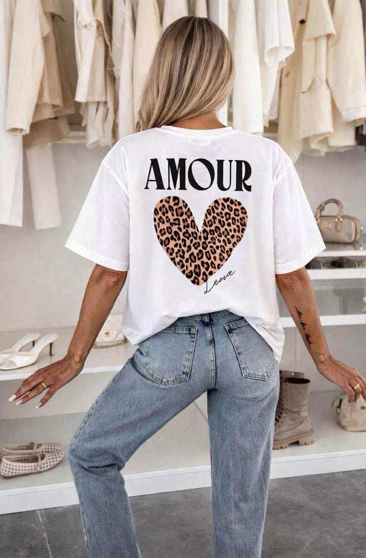 'Amour Leopard Heart' 🐆 Oversized Front & Back Graphic Print T-Shirt-Ivory