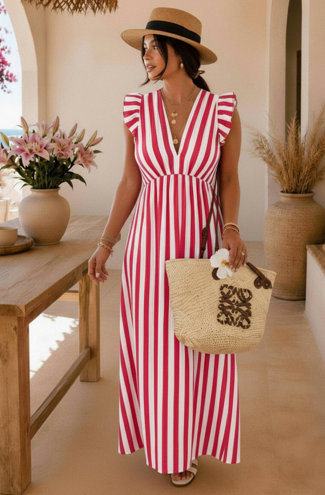 Anastasia Striped Ruffle Frill Sleeve Cotton Gauze Style Maxi Dress-Ivory