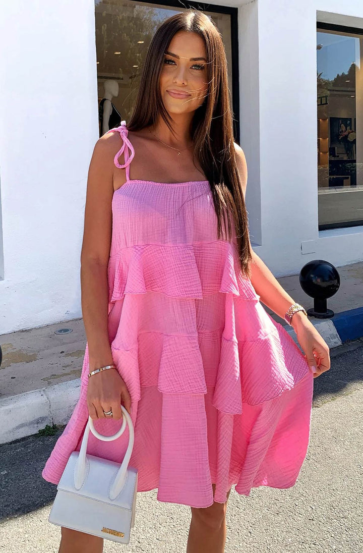 Angela Oversized Plain Tiered Dress-Pink