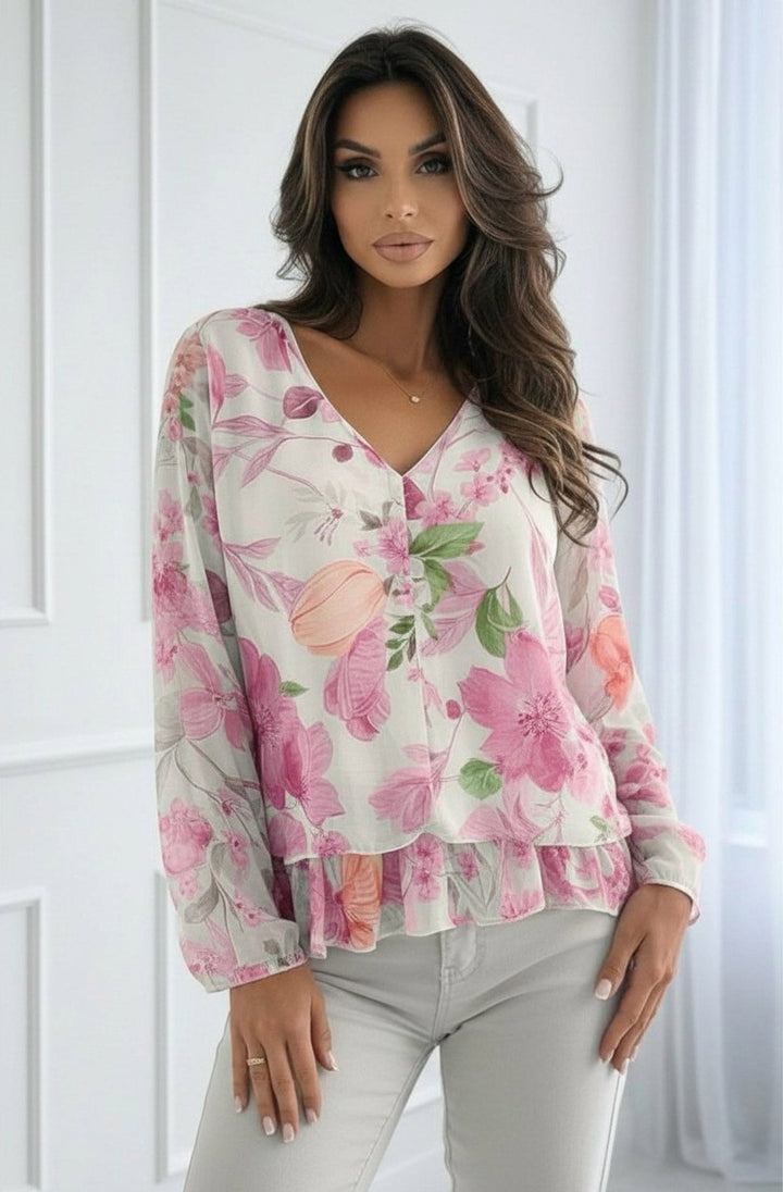 Anisha Floral V-Neck Frill Layered Chiffon Blouse