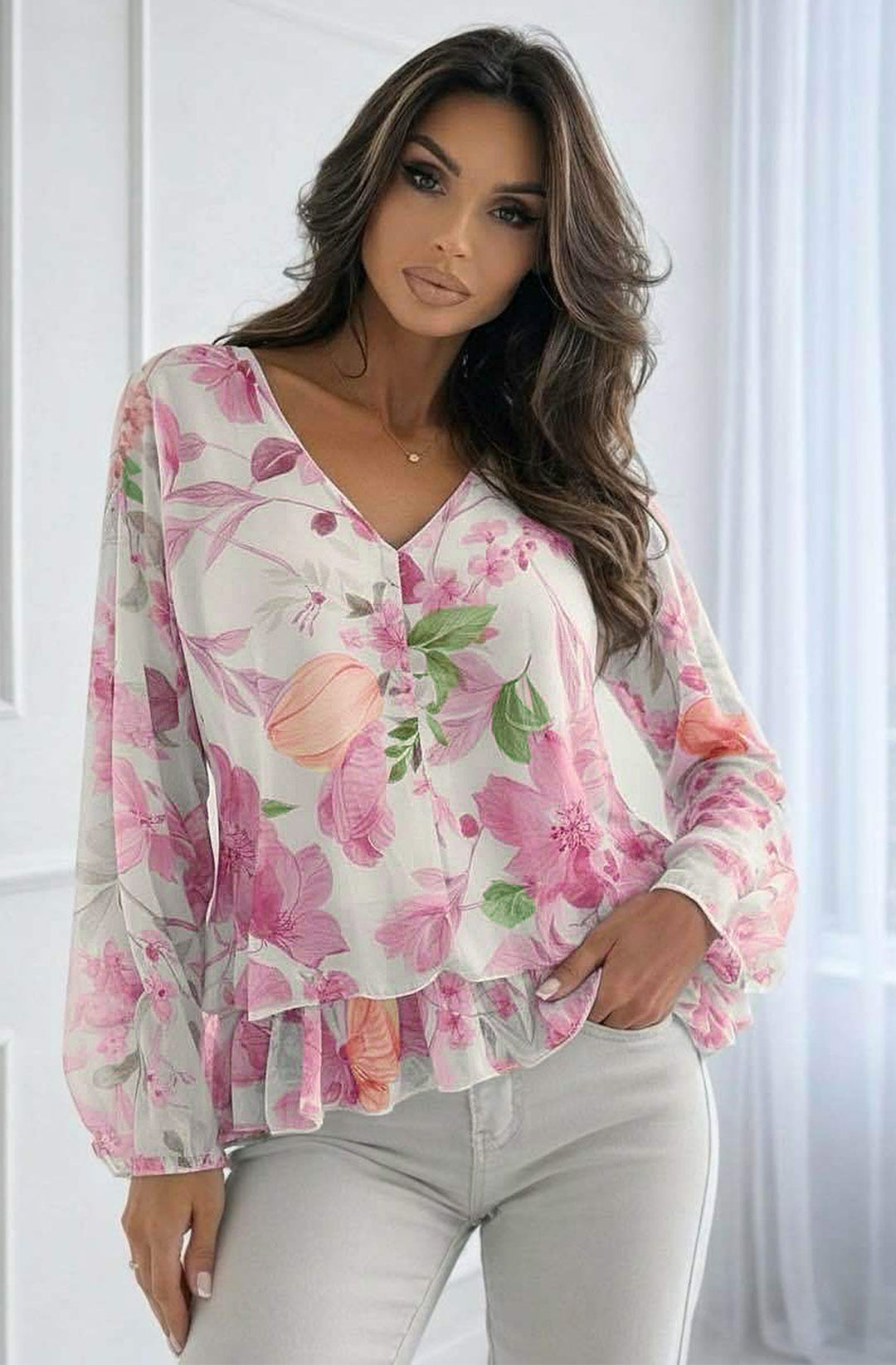 Anisha Floral V-Neck Frill Layered Chiffon Blouse