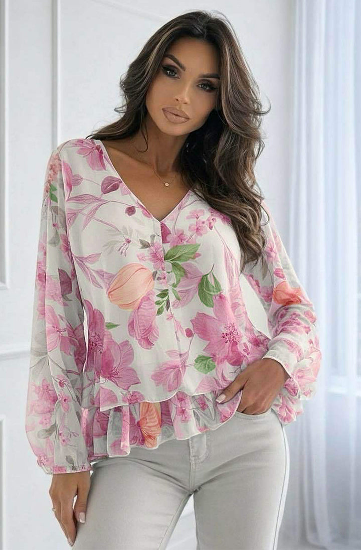 Anisha Floral V-Neck Frill Layered Chiffon Blouse