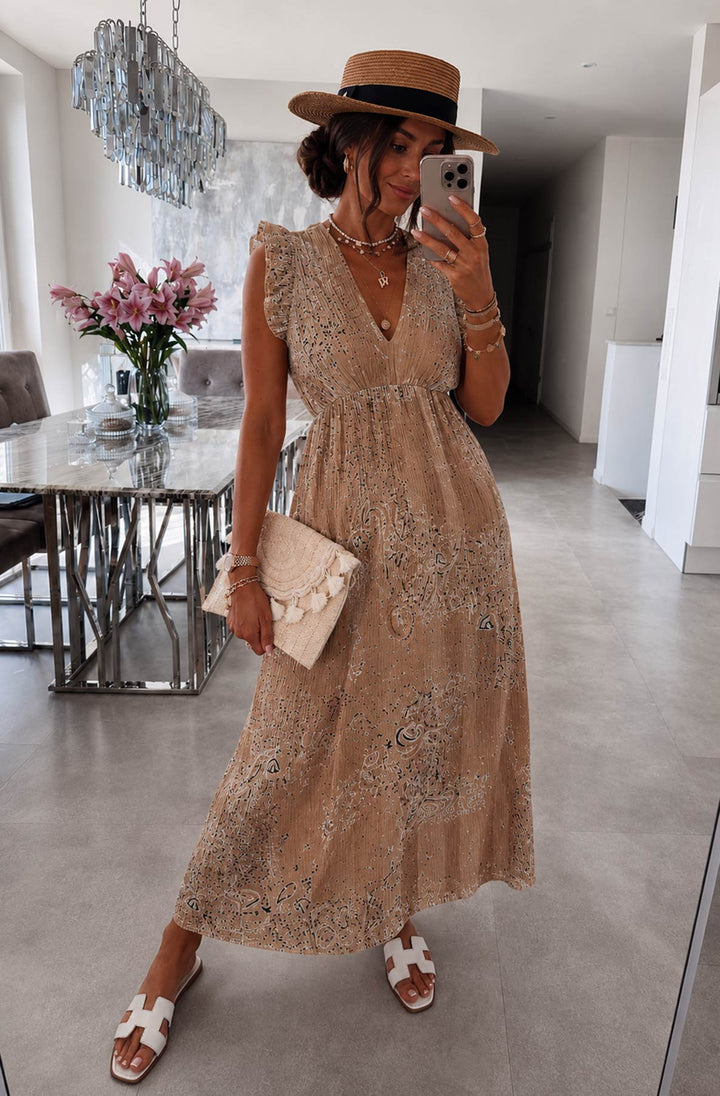 Anya Bandana Print Ruffle Frill Sleeve Cotton Gauze Style Maxi Dress-Brown
