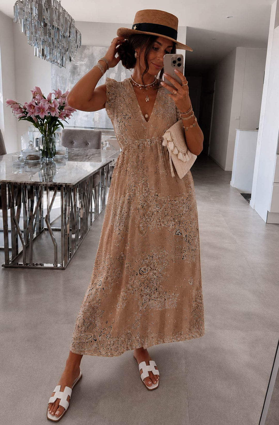 Anya Bandana Print Ruffle Frill Sleeve Cotton Gauze Style Maxi Dress-Brown