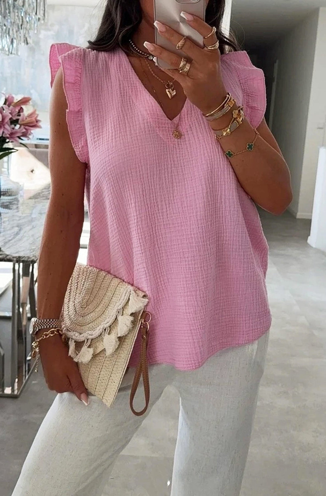 Aria Frill Sleeve Cotton Gauze Style Blouse Top-Pink