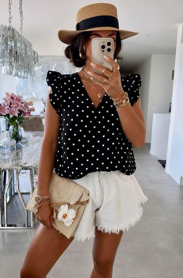 Aria Polka Dot Frill Sleeve Cotton Gauze Style Blouse Top-Black