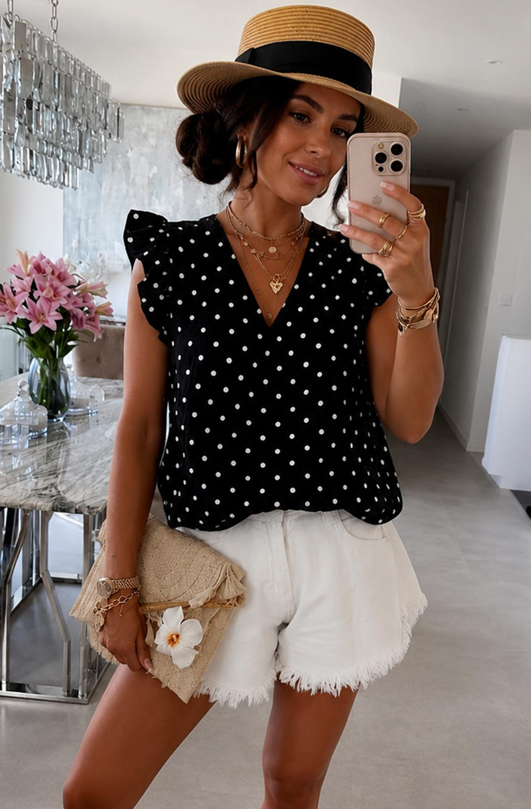 Aria Polka Dot Frill Sleeve Cotton Gauze Style Blouse Top-Black