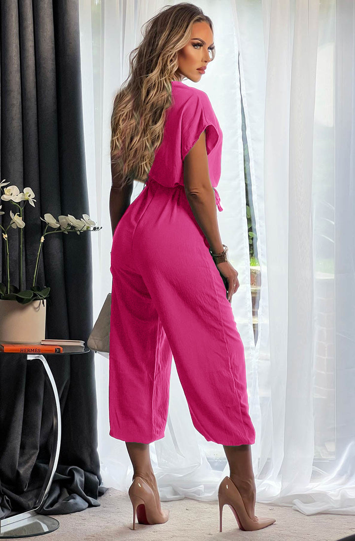 Ashanti Short Sleeve Belted Jumpsuit-Hot Pink