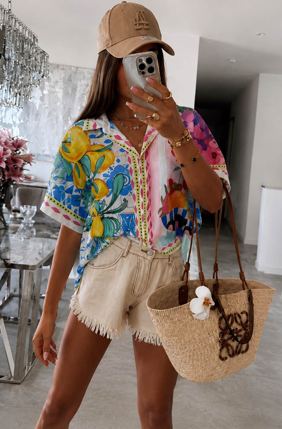 Asteria Oversized Summer Fruit Print Short Sleeve Shirt Top-Multi