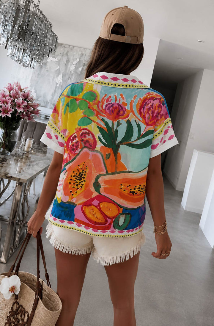 Asteria Oversized Summer Fruit Print Short Sleeve Shirt Top-Multi