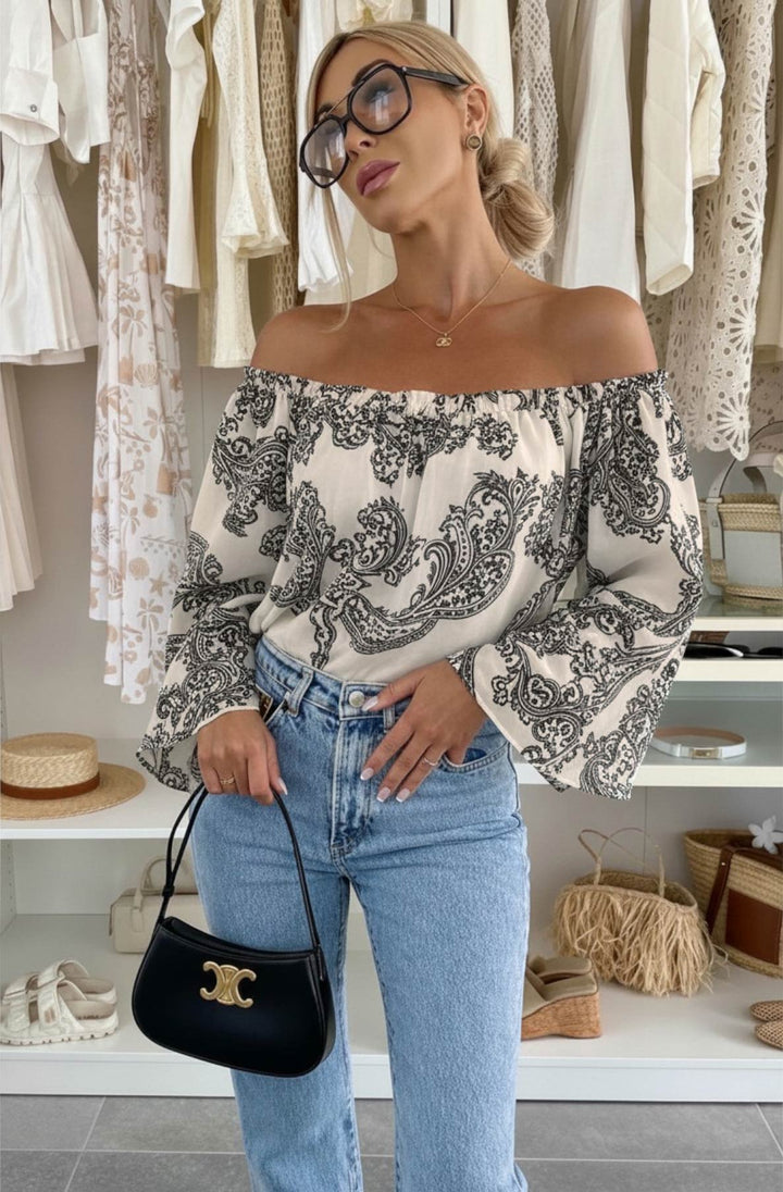 Aylene Paisley Bardot Off-Shoulder Blouse Top-Black