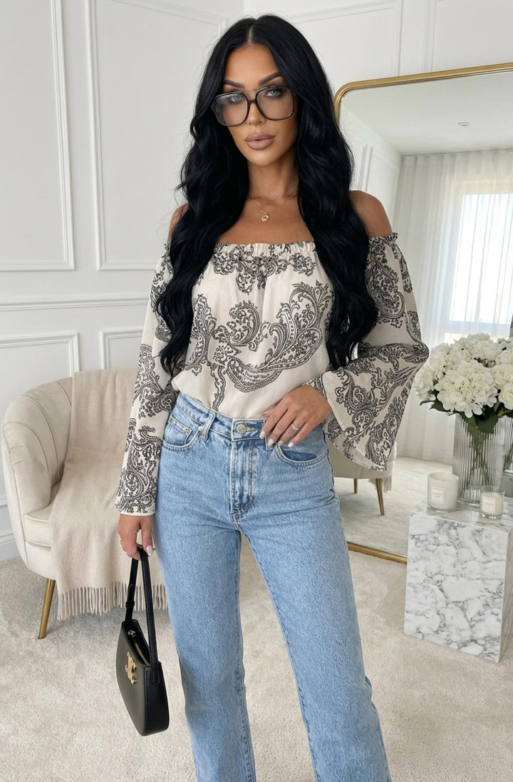 Aylene Paisley Bardot Off-Shoulder Blouse Top