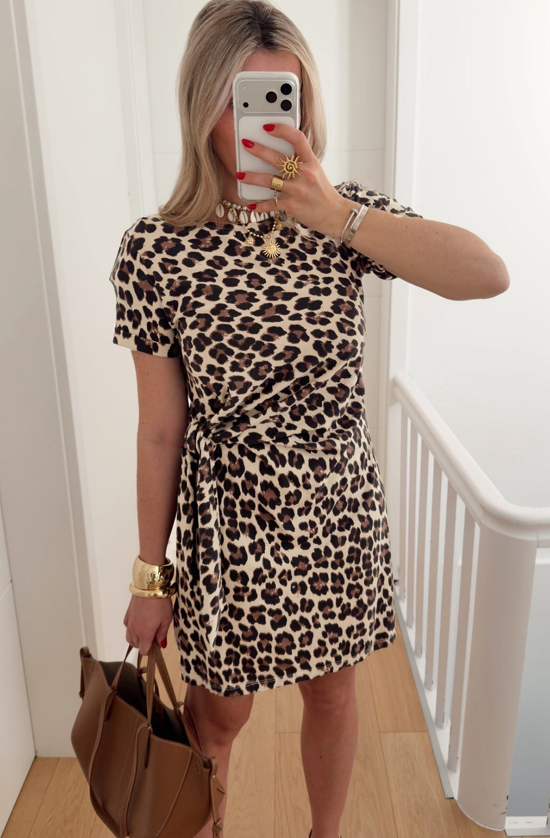 Azaria Leopard Side-Tie Up Short Sleeve Mini Dress-Brown