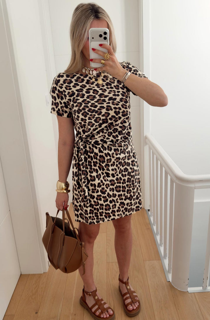 Azaria Leopard Side-Tie Up Short Sleeve Mini Dress-Brown