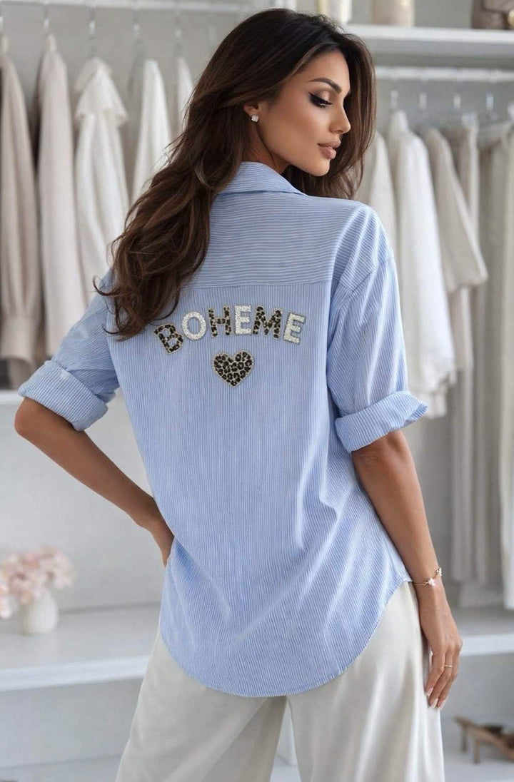 'BOHEME' Embellished Oversized Stripe Shirt Top-Blue