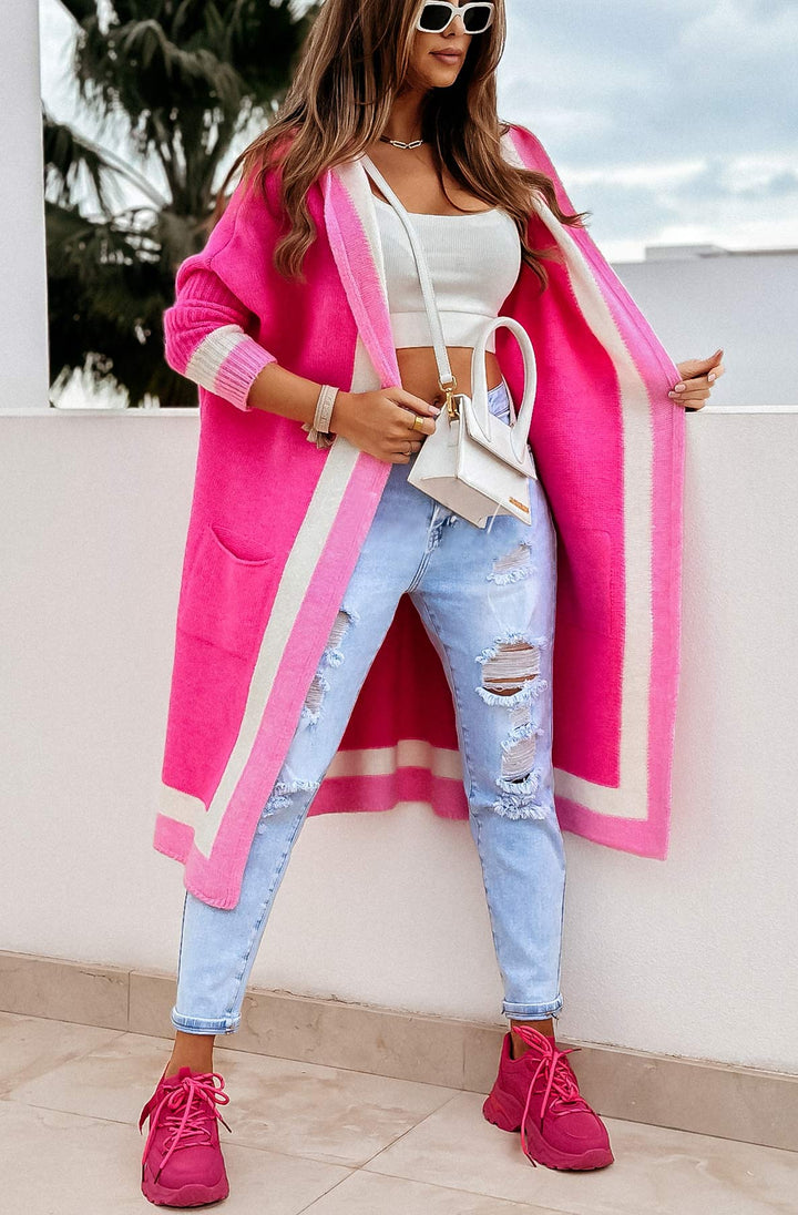 Bahira Longline Hooded Knitted Cardigan-Hot Pink