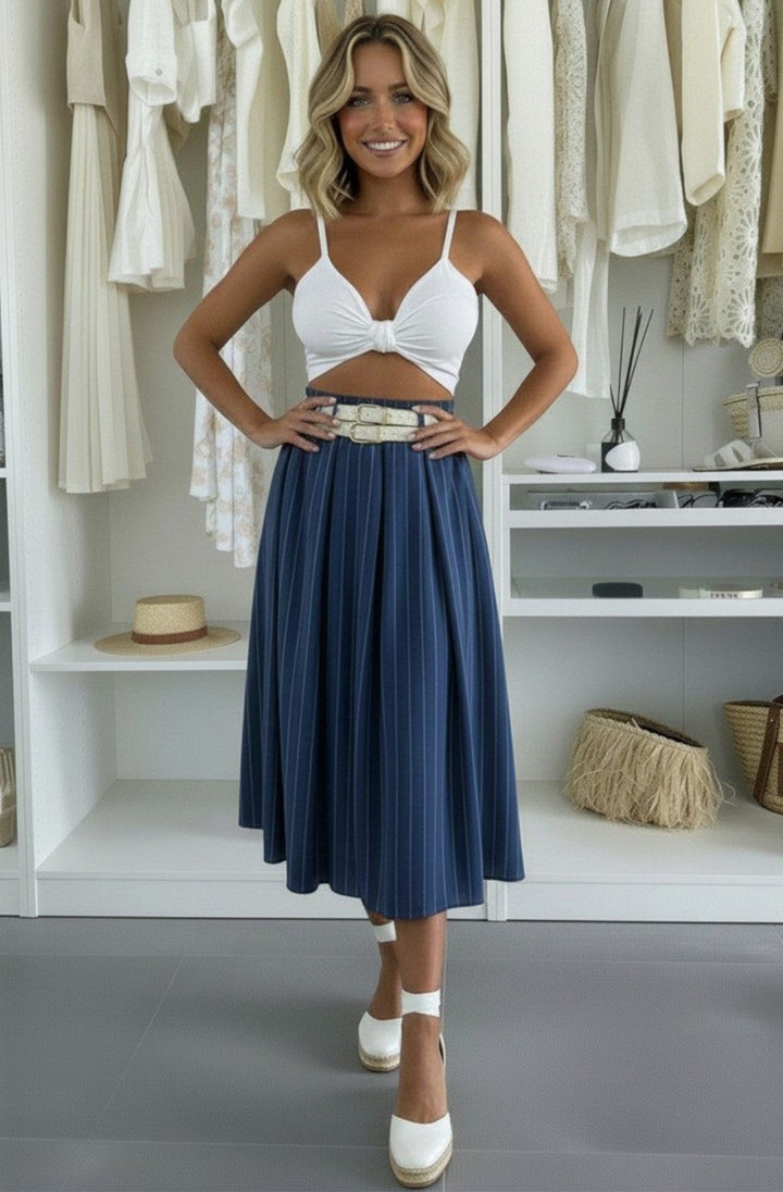 Beline High Waisted Pinstripe Belted A-Line Midaxi Skirt-Dark Blue