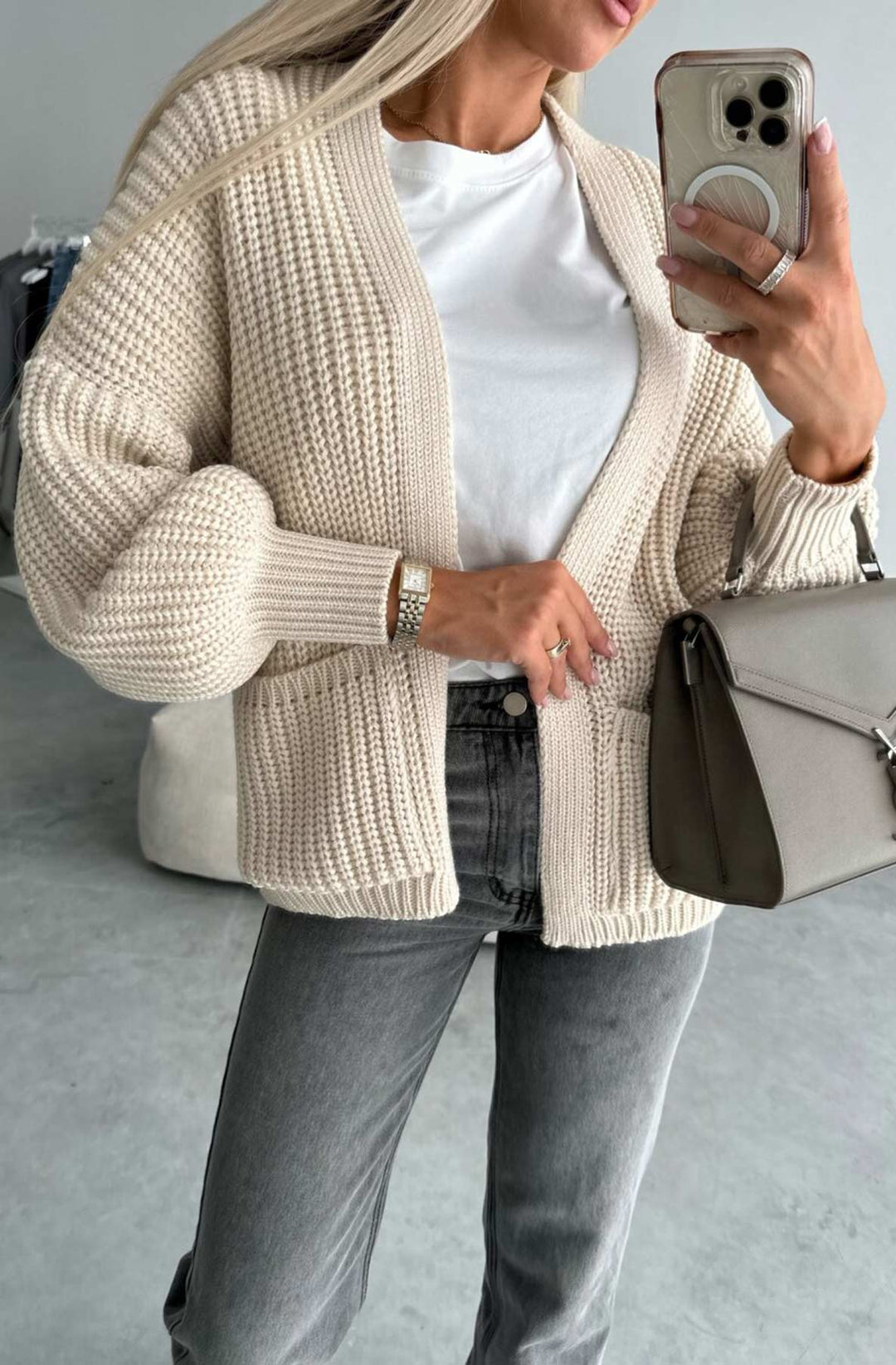 Bella Pocket Detail Knitted Cardigan-Cream