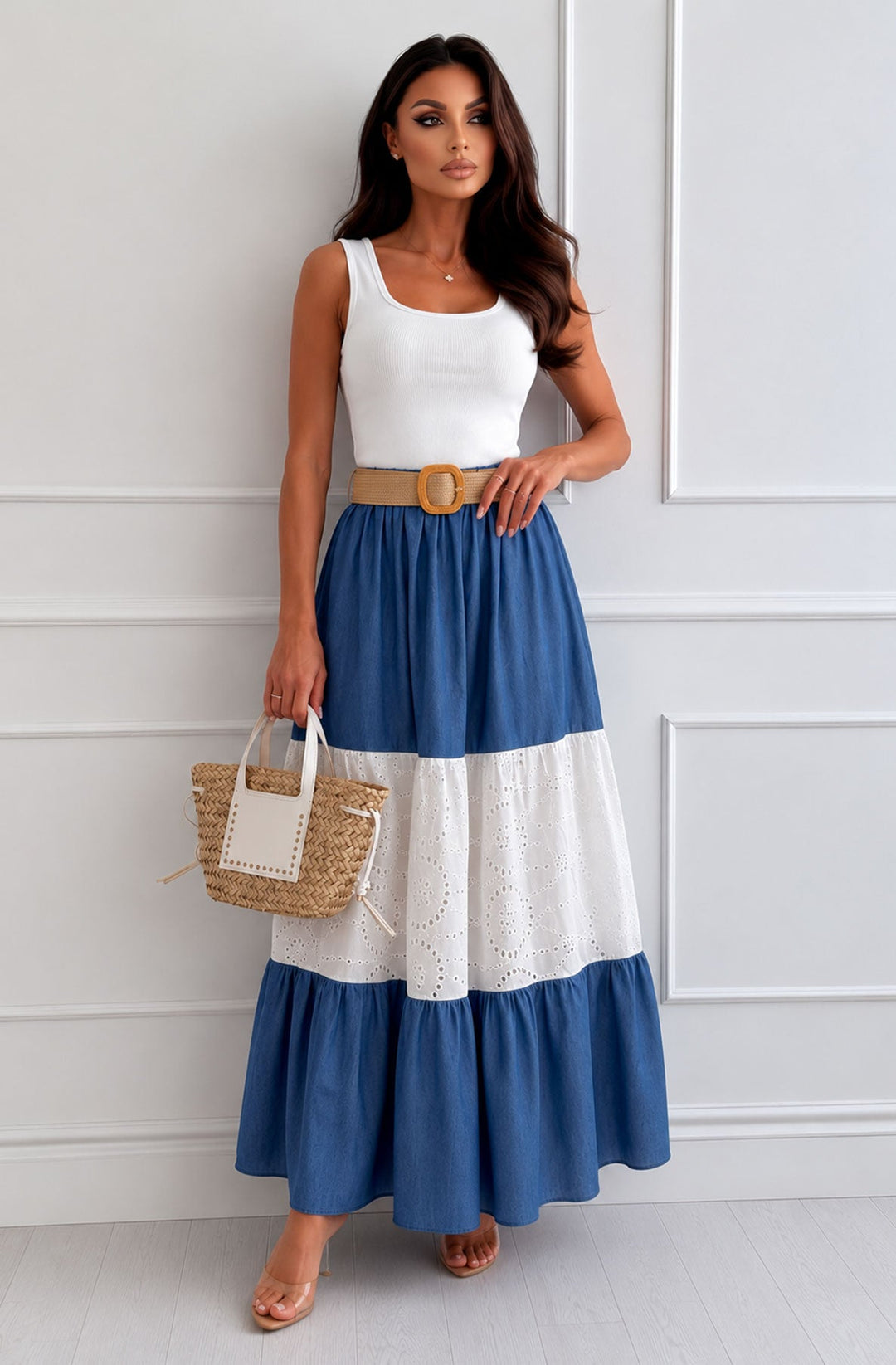 Bellina Contrast Tiered Broderie Panel Belted Maxi Skirt-Blue