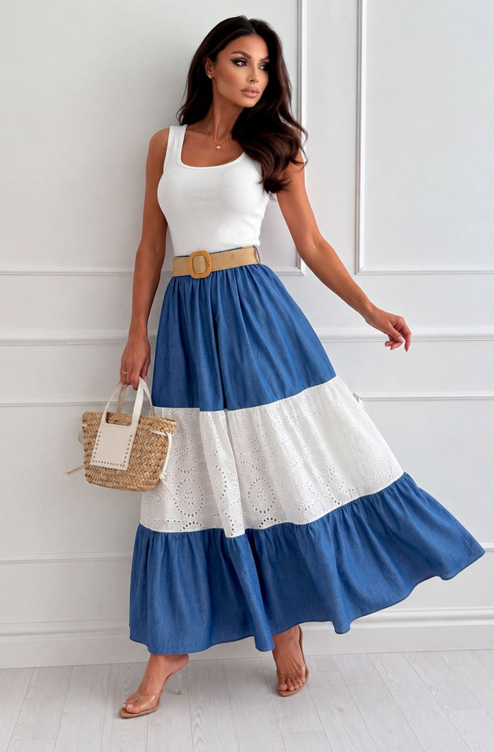 Bellina Contrast Tiered Broderie Panel Belted Maxi Skirt-Blue