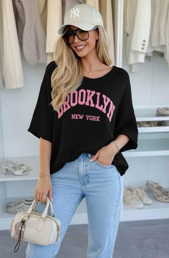 ‘BROOKLYN NY’ Oversized Lightweight Open-Knit Top-Black