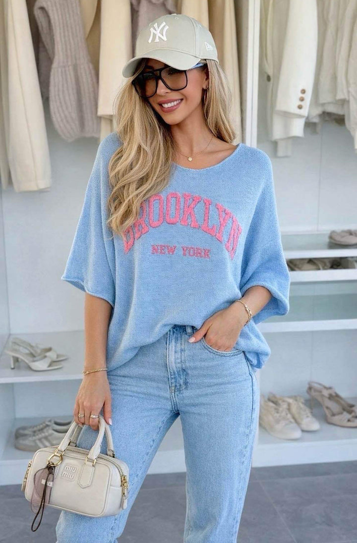 ‘BROOKLYN NY’ Oversized Lightweight Open-Knit Top-Blue