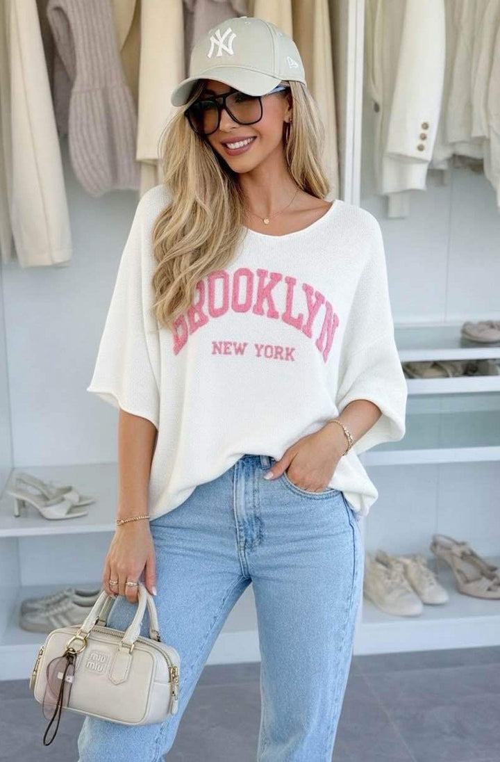 ‘BROOKLYN NY’ Oversized Lightweight Open-Knit Top-Ivory