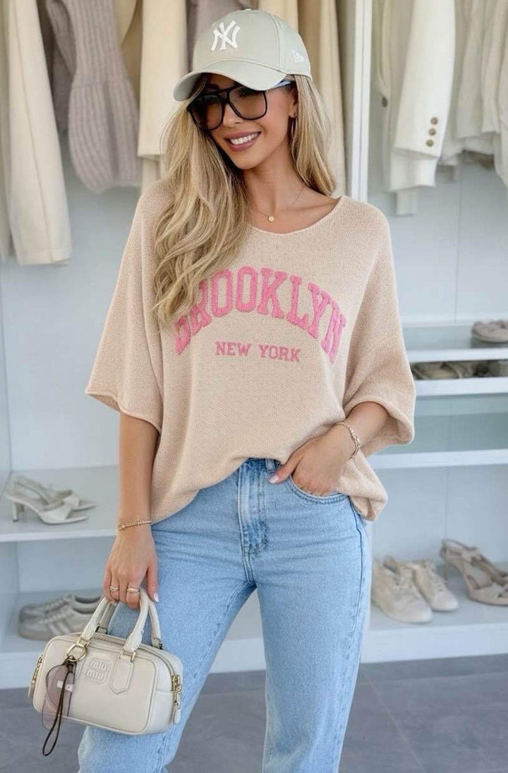 ‘BROOKLYN NY’ Oversized Lightweight Open-Knit Top-Stone