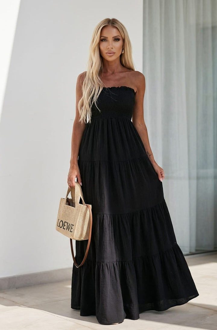 Cassie Shirred Bandeau Tiered Maxi Dress-Black