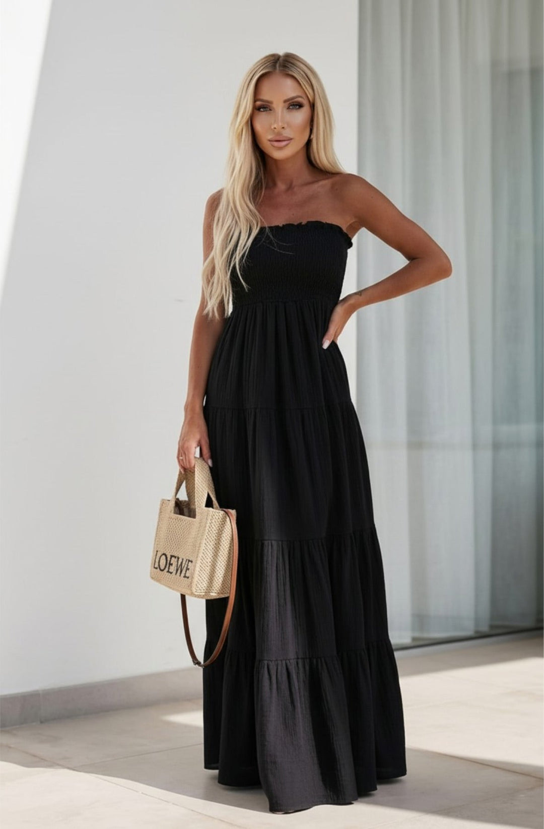 Cassie Shirred Bandeau Tiered Maxi Dress-Black