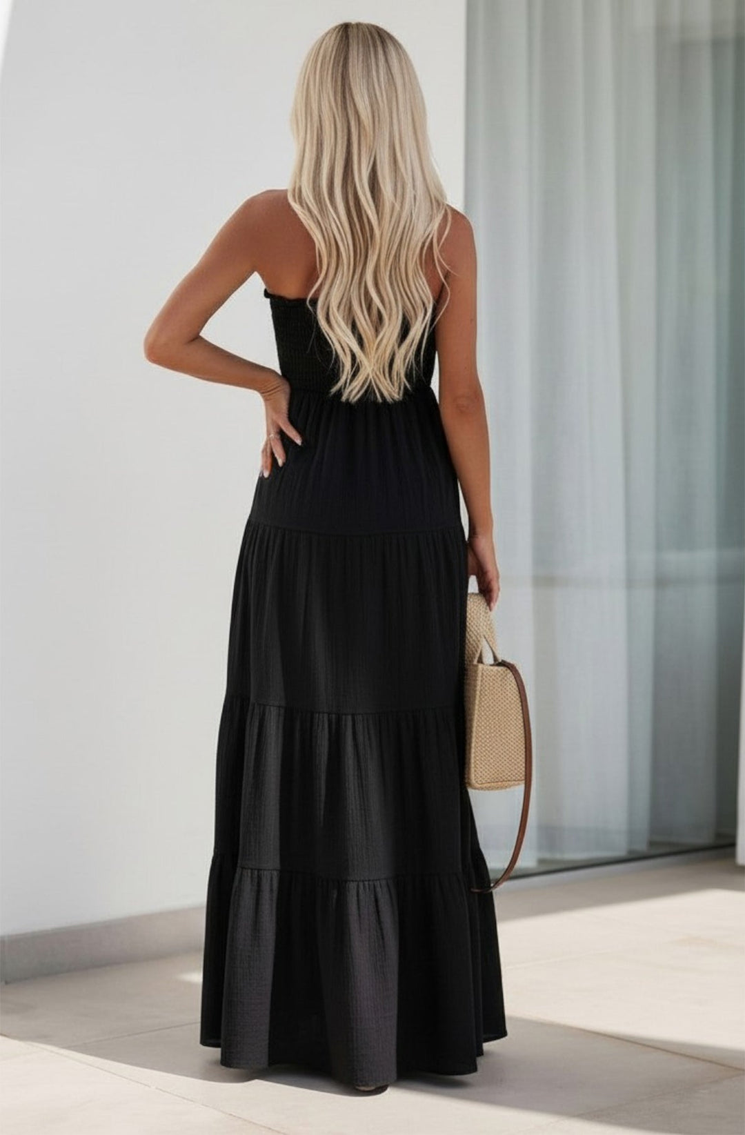 Cassie Shirred Bandeau Tiered Maxi Dress-Black