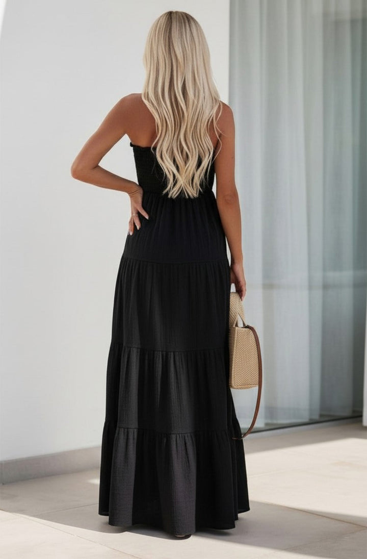 Cassie Shirred Bandeau Tiered Maxi Dress-Black