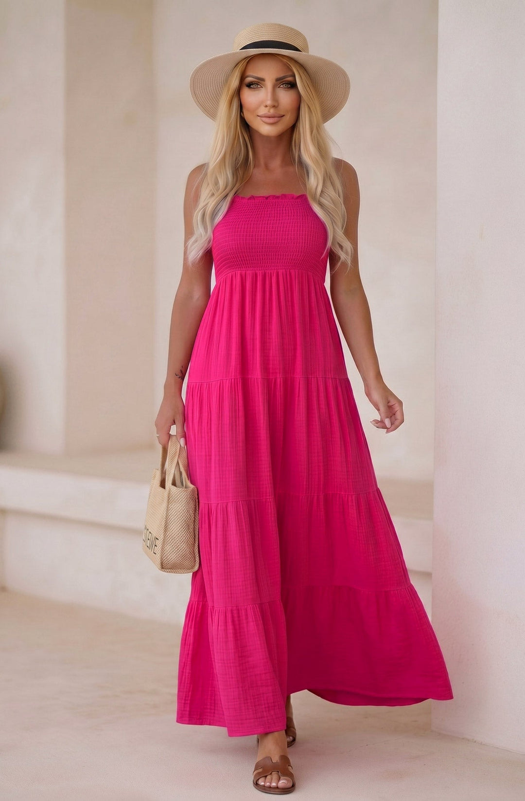 Cassie Shirred Bandeau Tiered Maxi Dress-Hot Pink