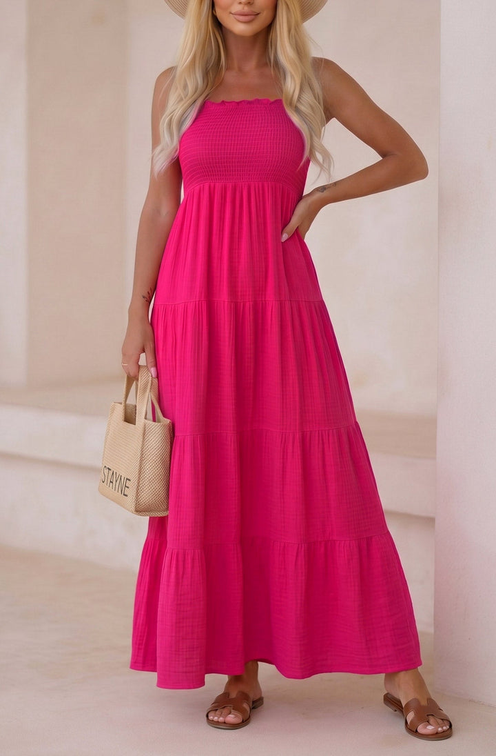Cassie Shirred Bandeau Tiered Maxi Dress-Hot Pink