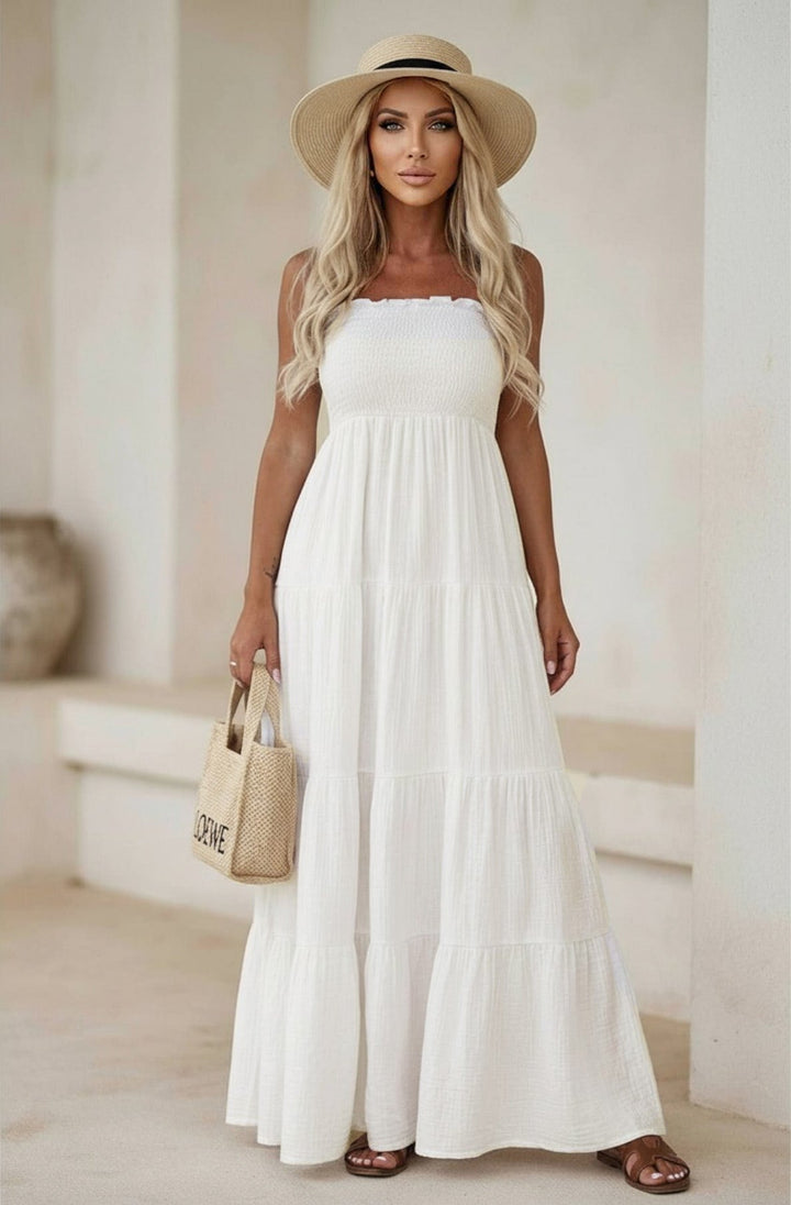 Cassie Shirred Bandeau Tiered Maxi Dress-Stone