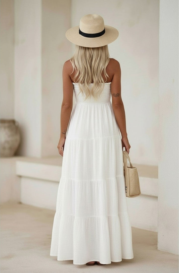 Cassie Shirred Bandeau Tiered Maxi Dress-Stone