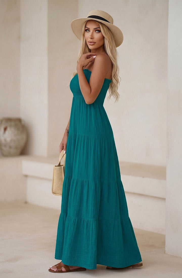 Cassie Shirred Bandeau Tiered Maxi Dress-Teal